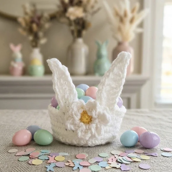 Handmade White Bunny Ear Basket for Kids - Picture 1 of 3